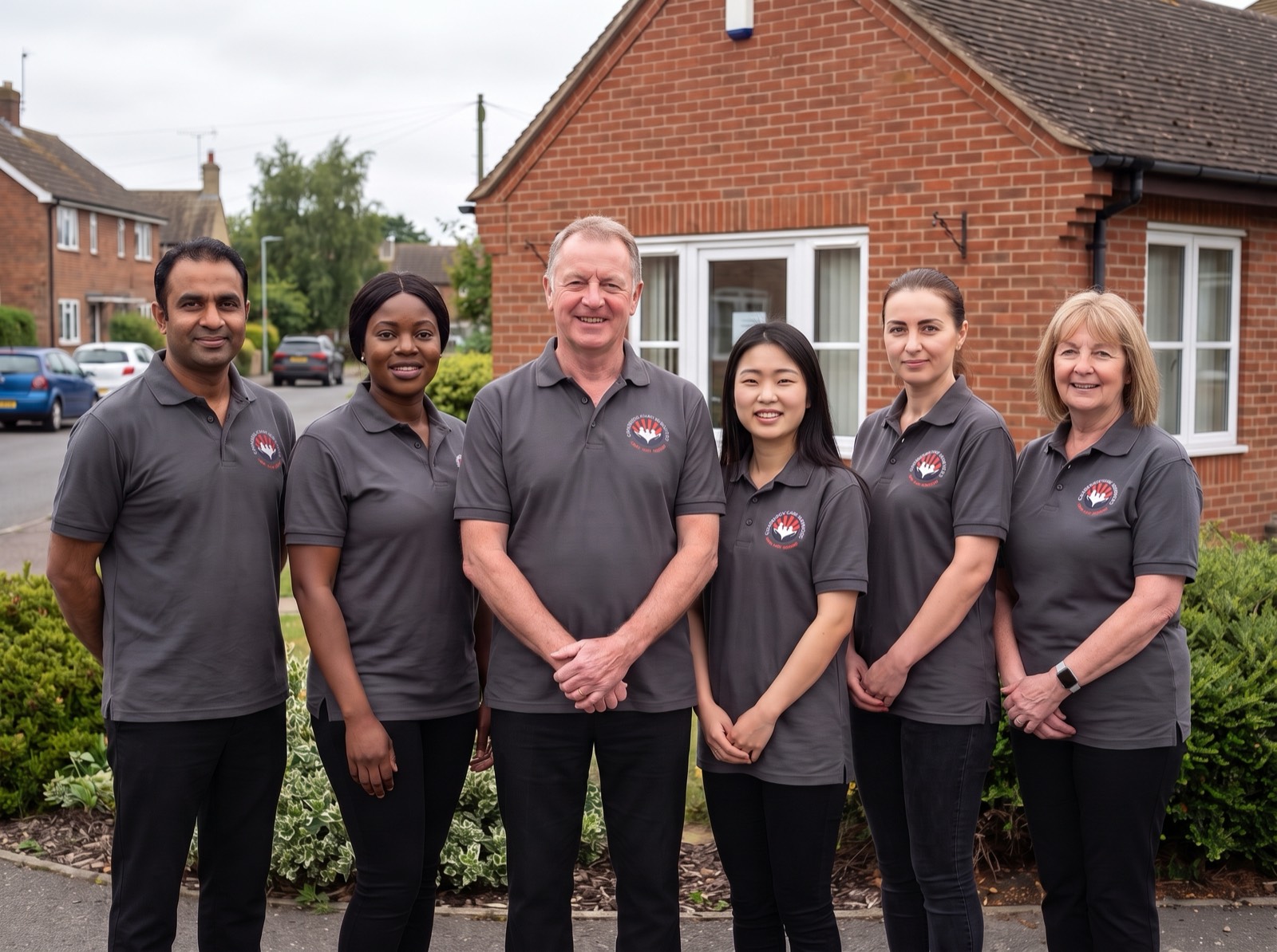 The Cambridge Care Services team in branded charcoal grey uniforms outside their office in Sawston, Cambridgeshire