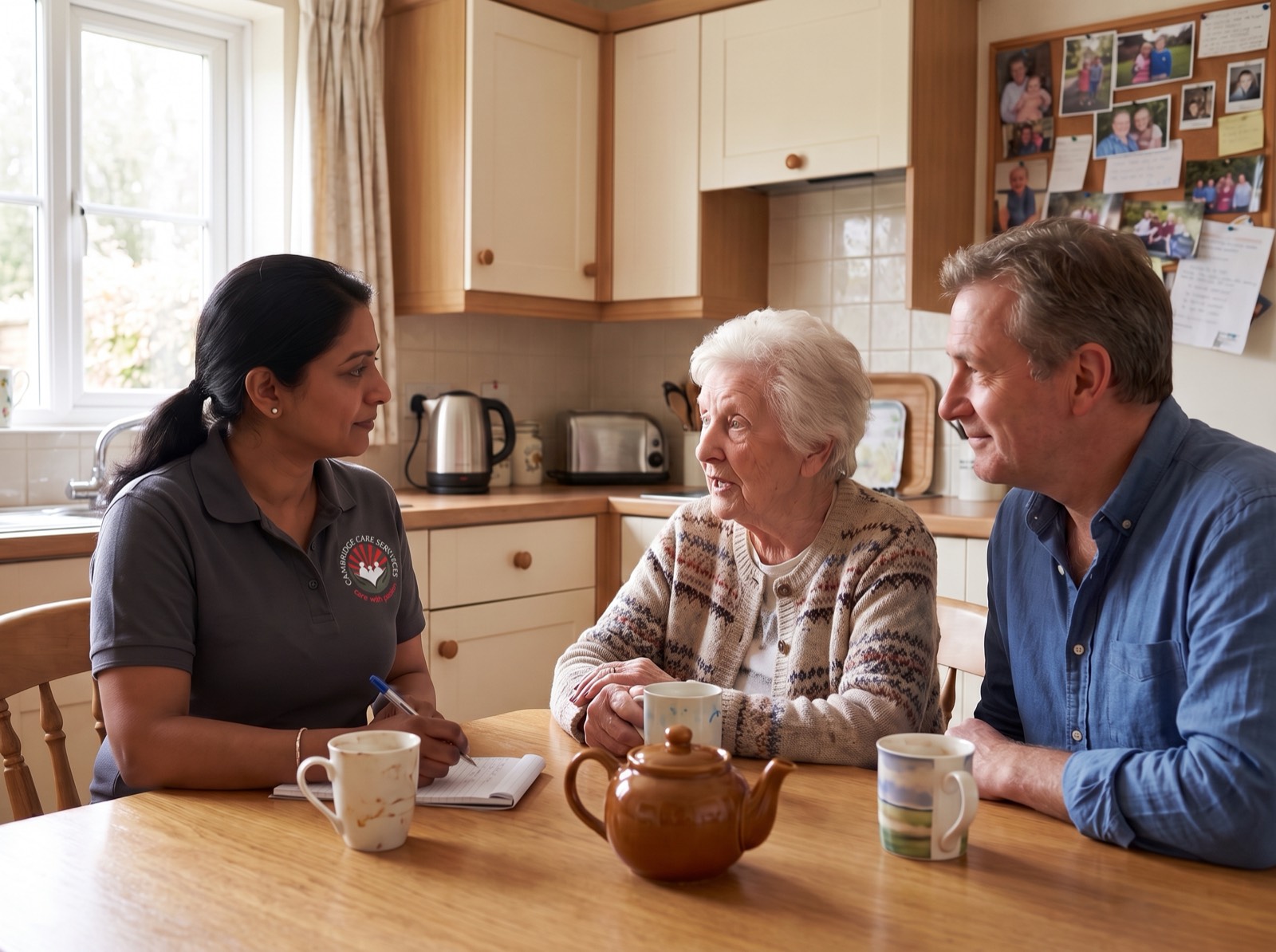 Cambridge Care Services coordinator in a charcoal grey branded uniform listening to an elderly woman and her son at their kitchen table during a free care assessment in Cambridge