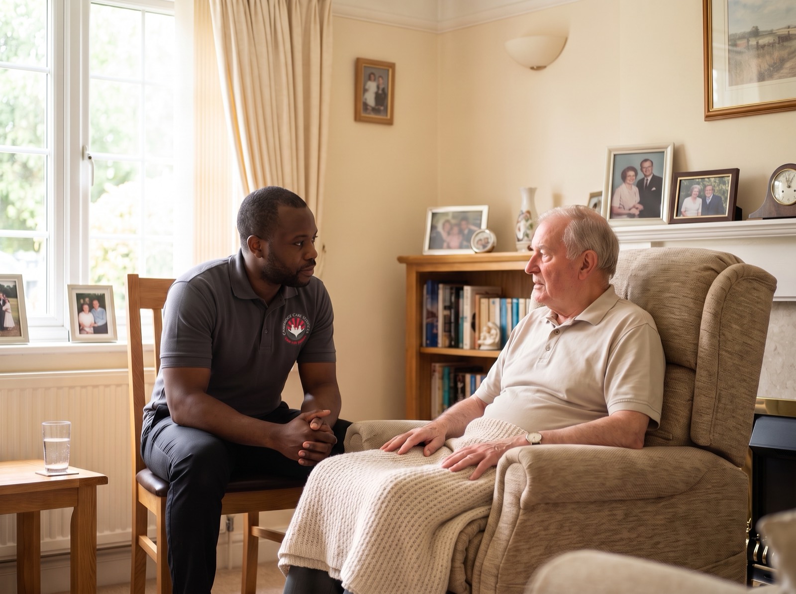 Cambridge Care Services carer in branded charcoal grey uniform sitting with a man receiving complex care at home in Cambridge