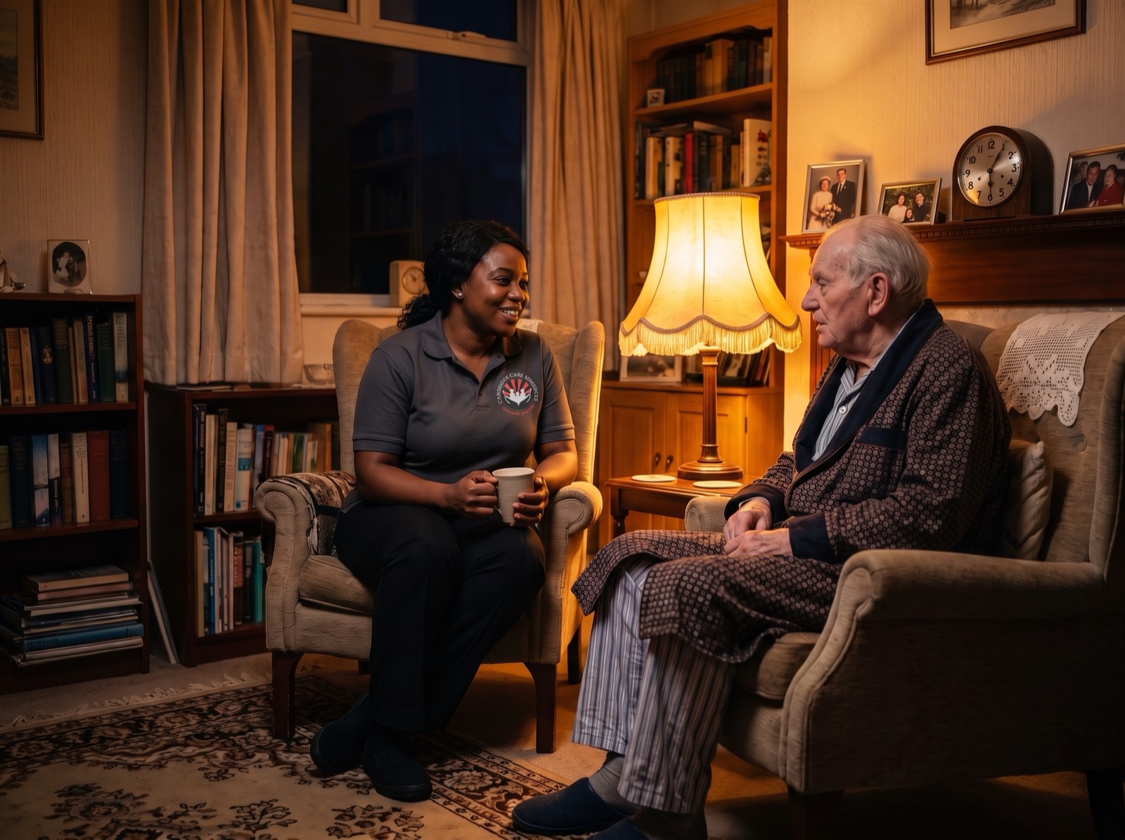 Cambridge Care Services night carer in branded charcoal grey uniform sitting with an elderly man during an overnight shift in Cambridge